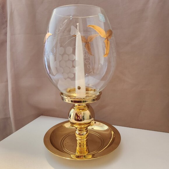 VINTAGE Partylite "Tuscany Lamp" Gold Leaf & Etched Grapes With Gold Pillar Base - Picture 2 of 13